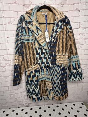 Tempo Paris Chunky Knit Patchwork Coat Neutral Blue Boho Aztec Jacket Sz Med/Lg